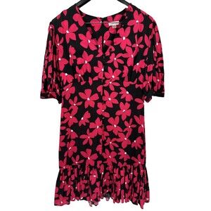 Calvin Klein Dress 12 Black Pink Floral Short Puff Sleeve Ruffle Party Wedding
